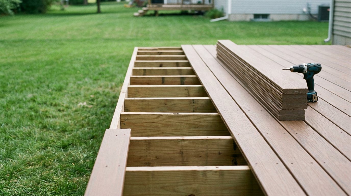 A half-built backyard deck: open joists on one side, the first brown deck boards screwed down with even gaps, a stack of new boards and a cordless drill on top.