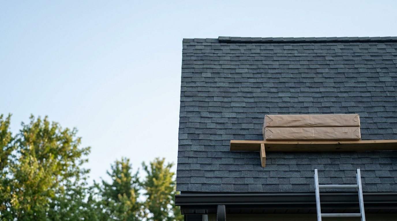Dark grey asphalt shingles on a sloped roof, wrapped bundles resting on a wooden roof bracket, a ladder against the gutter, blue sky.