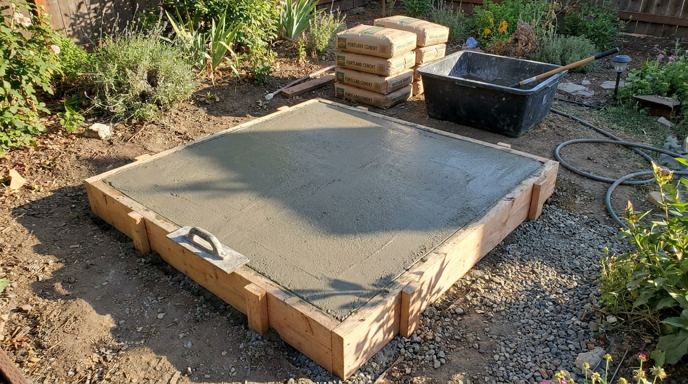 A small square of fresh concrete in a wooden form in a garden, a hand float on the edge, stacked cement bags and a mixing tub behind.