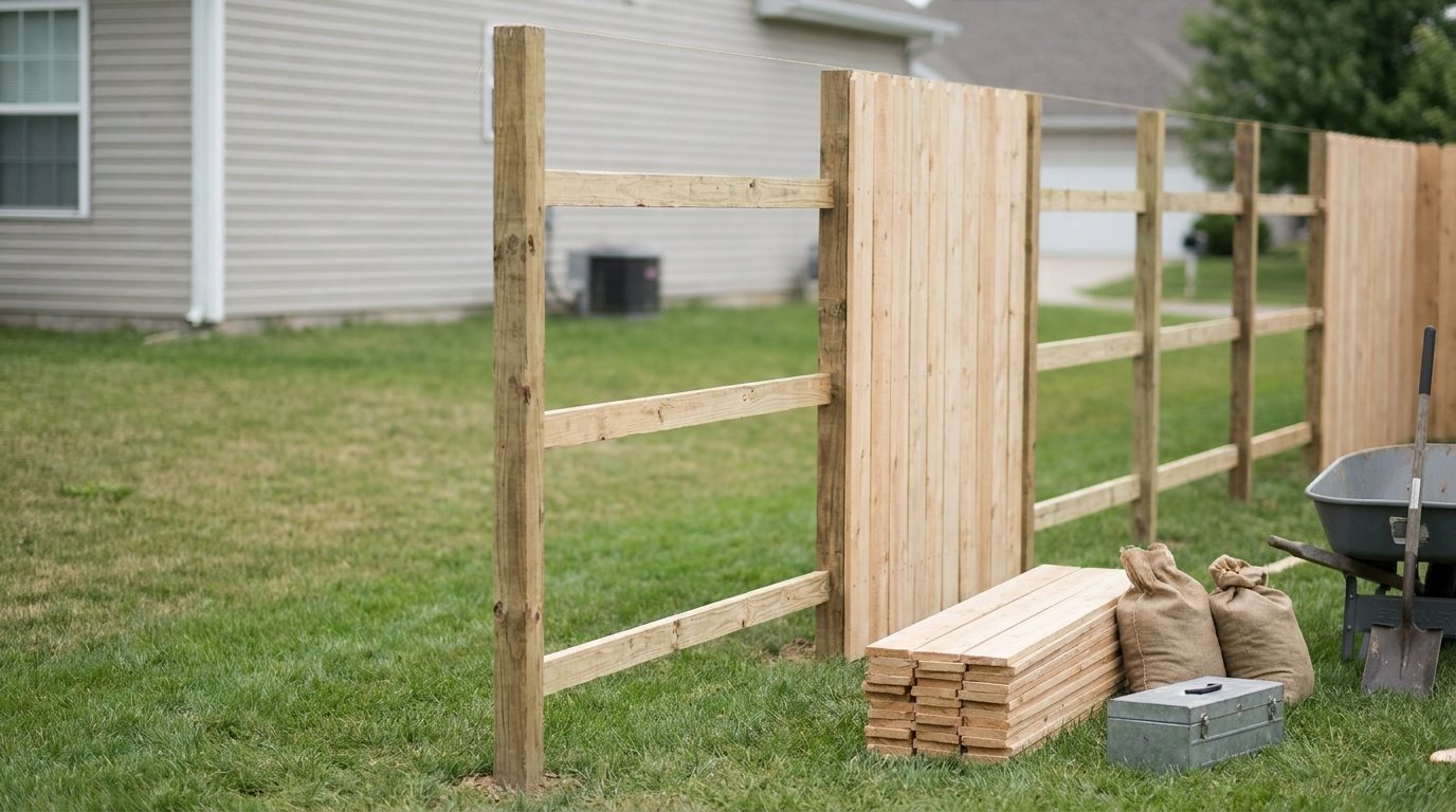 New wooden fence posts with three rails in a backyard, a few pickets already nailed on, a stack of pickets, two burlap sacks, a wheelbarrow and a spade on the grass.