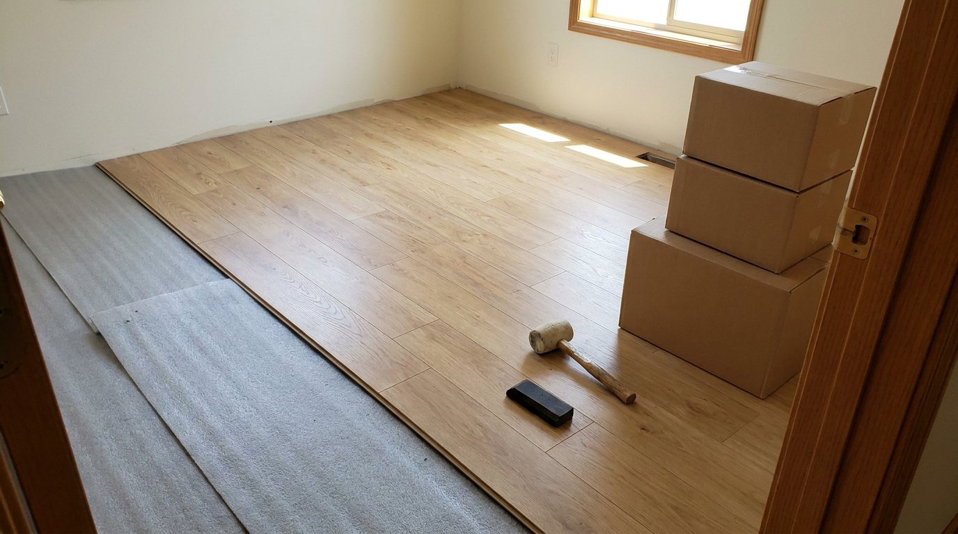 Light oak laminate planks clicked together in long rows over thin foam underlayment, plain cardboard boxes stacked by the door, a rubber mallet and a tapping block.