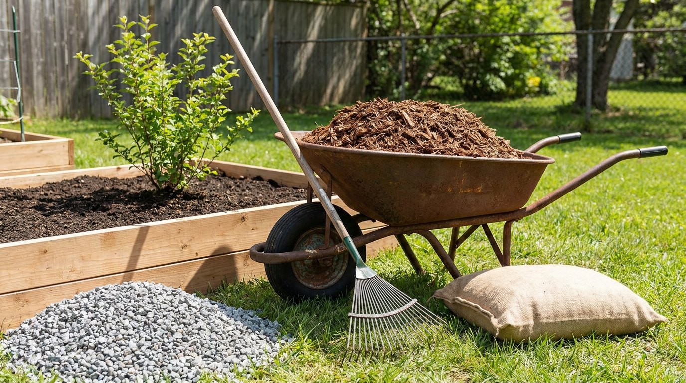 A rusty wheelbarrow full of brown wood chip mulch beside a raised garden bed with a young shrub, a garden rake, a plain burlap sack and a pile of grey gravel on the lawn.