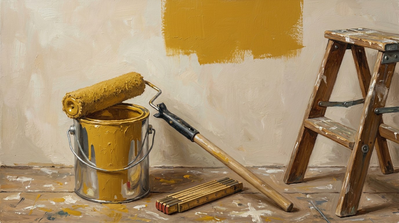 A paint roller resting on an open can of mustard yellow paint, a fresh yellow stripe on the wall, a wooden step ladder and a folding ruler on the floor.