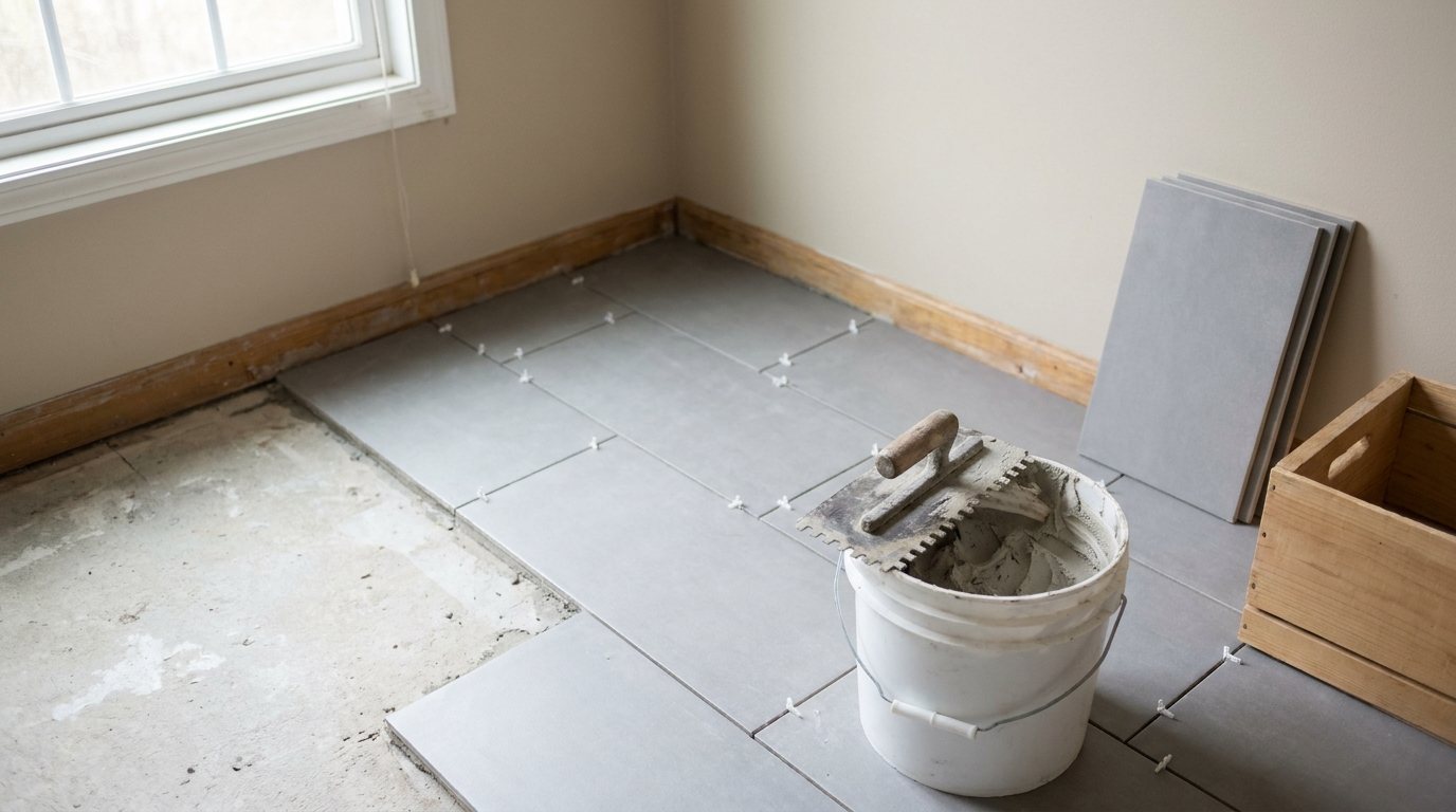 Large grey rectangular tiles laid in straight rows with white spacers in the joints, a notched trowel on a bucket of thin-set and spare tiles against the wall.