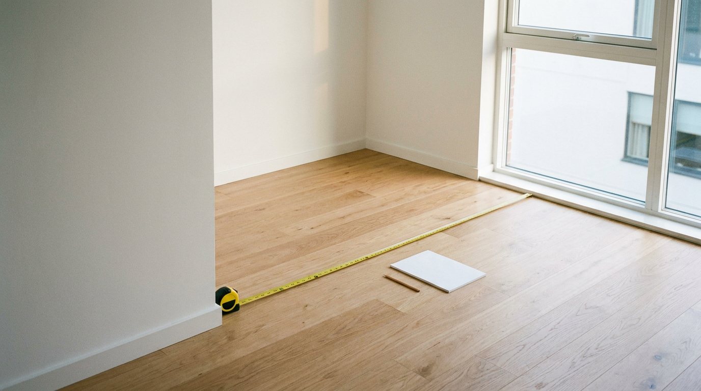 A yellow tape measure stretched across the light wood floor of an empty room to the window wall, a blank notepad and a pencil beside it.