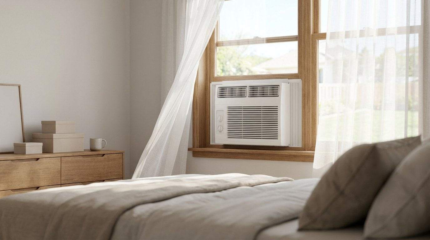 A plain white window air conditioner set in a wooden window frame, a sheer white curtain beside it.