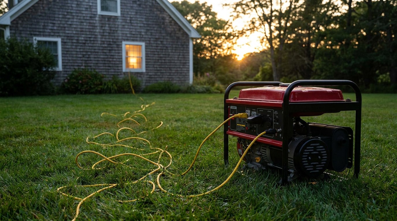 A red and black portable generator running on a lawn at dusk, yellow extension cords across the grass, the house far behind it.