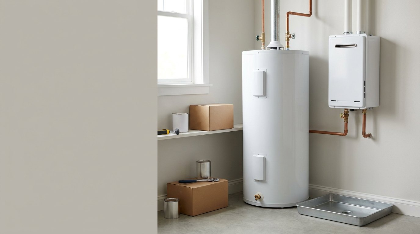 A white tank water heater with copper pipes and a drain pan beside a small wall-mounted tankless unit, in a bright utility room.